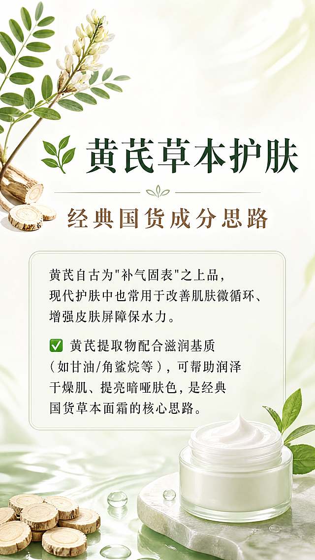简单大气的草本护肤科普海报，9:16竖版，适合社群分享，保留用户全部文字内容。主标题文字"🌿 黄芪草本护肤"，副标题文字"经典国货成分思路"，完整保留原文：黄芪自古为"补气固表"之上品，现代护肤中也常用于改善肌肤微循环、增强皮肤屏障保水力。✅ 黄芪提取物配合滋润基质（如甘油/角鲨烷等），可帮助润泽干燥肌、提亮暗哑肤色，是经典国货草本面霜的核心思路。整体清透淡绿色调，简单干净大气，左上角添加黄芪草本植物元素，文字分区排版清晰，版式精美，背景浅色，符合美妆护肤高级清透氛围，适合社群转发，4K超清