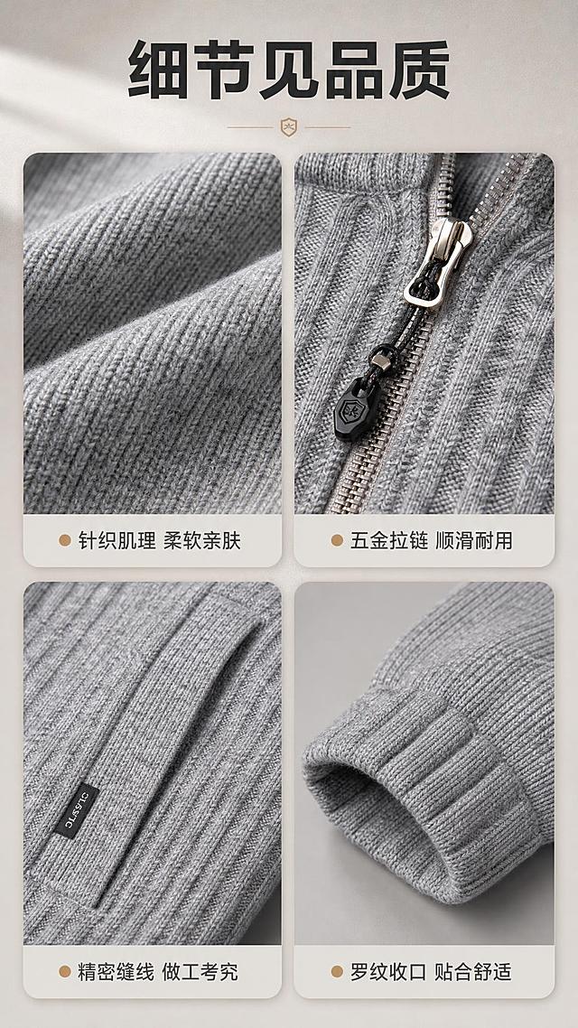 [商品] 使用【图1】男士灰色立领针织拉链开衫外套；商品处理：保留立领、金属拉链、插肩袖、侧口袋、罗纹袖口下摆、针织肌理纹理、灰色调、整体版型和结构；自然去除衣身杂乱褶皱，理顺垂坠，增强针织纹理质感、拉链五金光泽和缝线清晰度，不改变版型、颜色和结构。
[画面] 目标：面料与工艺细节展示页。构图：2×2宫格布局，四个局部细节图均匀分布，顶部留标题区。景别：微距细节特写。分别展示：针织面料肌理纹理、金属拉链头细节、口袋缝线工艺、罗纹袖口纹理。前中后景：每个宫格内为细节特写，配浅灰色衬底和柔和阴影。阅读动线：从顶部标题向下浏览四宫格。
[视觉] 套系策略：风格=高级商务休闲商业摄影；标题字=现代无衬线粗体；正文字=简洁无衬线体；主色=高级灰；背景延展=基于暖灰色做深浅层级、同色渐变和细腻哑光墙面/纸张质感；强调色=暖驼色，仅用于小面积图标、引线和标签；标题色=深炭灰；正文色=中暖灰；组件=圆角浅灰信息卡、细线引线；光影=左前侧暖柔光，柔和自然阴影。
[文字] 顶部主标题「细节见品质」。每个宫格下方配短标签：「针织肌理 柔软亲肤」「五金拉链 顺滑耐用」「精密缝线 做工考究」「罗纹收口 贴合舒适」。文字横向排版，标签式布局。
[规格] 图片比例9:16竖版，4K，避免变形、错字、文字过小、冷蓝背景、衣服颜色改变、材质失真、白底孤立。