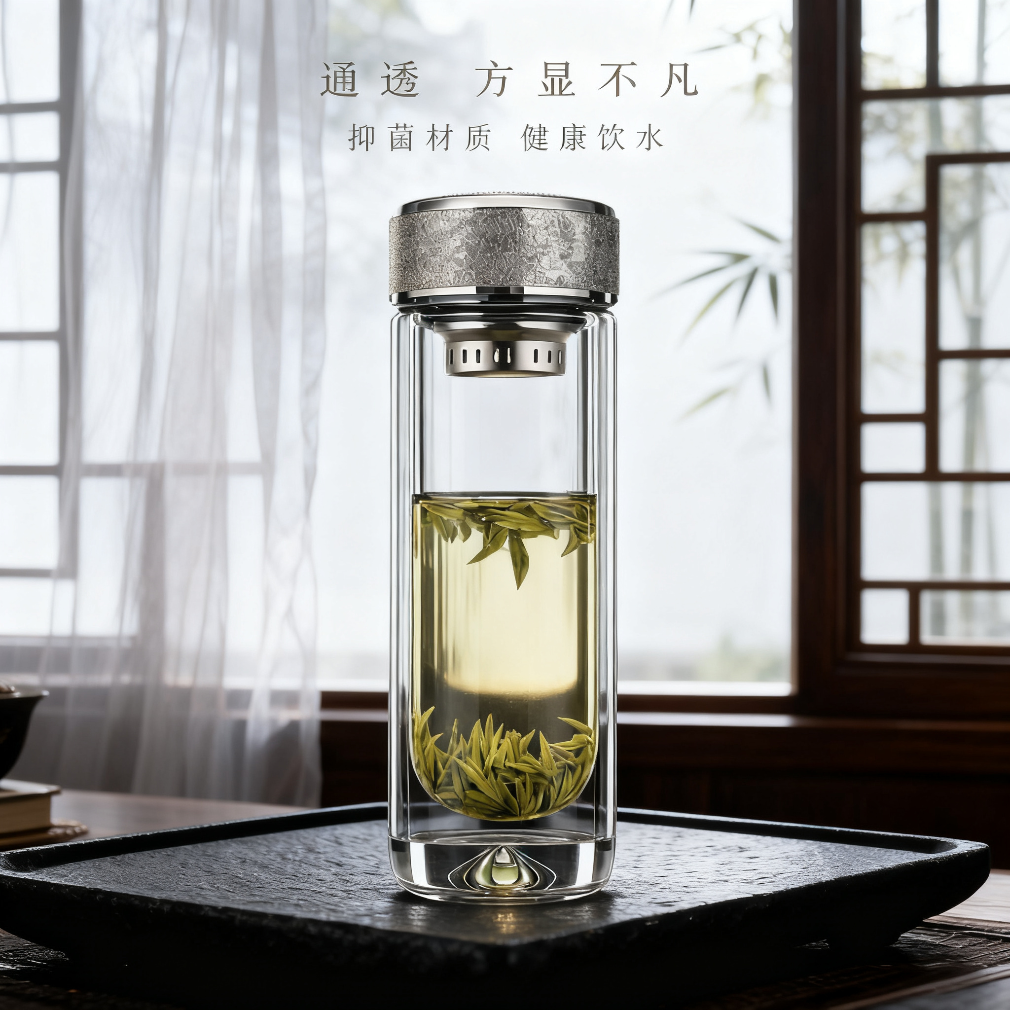 保持原图玻璃杯、杯盖、茶叶茶汤、文字完全不变，更换背景为东方茶… - 图片创意预览