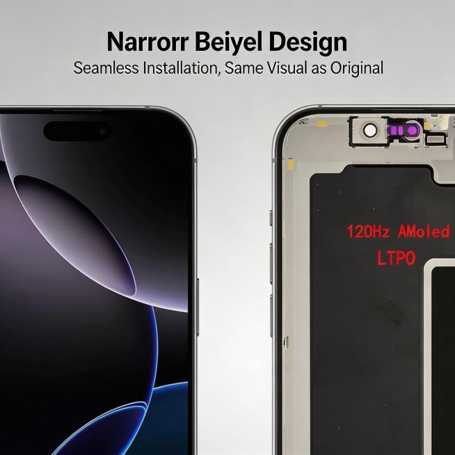 亚马逊3C数码高转化风格，iPhone 17 Pro Max华星OLED替换屏主图，卖点为窄边框装机贴合。画面主体是屏幕侧边边框特写，与iPhone 17 Pro Max真机边框对比，特写细节突出四边预览效果