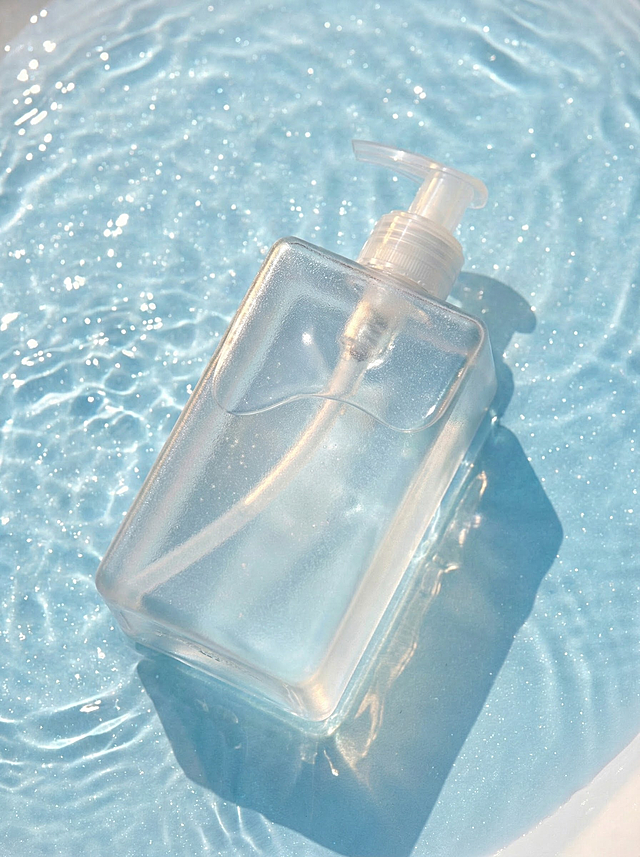 主体泡在波光粼粼、带有闪烁光点的淡蓝色水池里，以俯拍视角呈现，清新、水润的质感，采用写实的产品摄影风格。