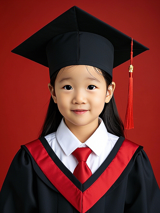 可爱孩童身着毕业礼服，红色背景衬托喜庆氛围，清新自然