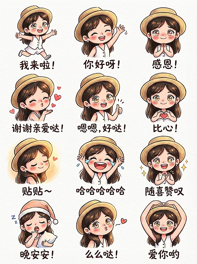 保持图1人物特征、画风特征，采用梦幻水彩蜡笔风格，制作12个表情包，8K分辨率，印刷级高清锐度，动作夸张可爱，分别带有文案“我来啦！”“你好呀！”“感恩！”“谢谢亲爱哒！”“嗯嗯，好哒！”“比心！”“贴贴～”“哈哈哈哈哈”“随喜赞叹”“晚安安！”“么么哒！”“爱你哟”