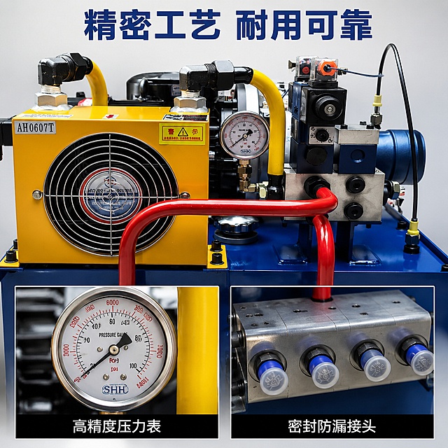 [主图-3] 液压站散热与核心工艺细节展示；[氛围风格] 细节清晰，品质感突出；[画质] 商业微距摄影质感，细节锐利真实；[元素] 液压站散热风机与集成管路区域微距特写，保持原有产品颜色、材质和结构完全一致。主画面展示黄色冷却风机和红蓝进出油管路，下方右侧叠加两个细节小画框：上画框展示压力表精密刻度，下画框展示阀块密封接头工艺，每个画框下方配对应短标题；[光影] 柔和侧光突出金属材质纹理和漆面质感，细节处高光清晰，阴影柔和不生硬；[配色] 保留产品本身蓝、黄、红配色，背景浅灰色统一协调；[视角构图] 主特写居中占画面65%，下方两个小画框平分空间，整体构图饱满；[文字版式] 顶部主标题“精密工艺 耐用可靠”，深蓝色粗体；两个小画框分别标注“高精度压力表”和“密封防漏接头”，白色小字黑色底；[输出要求] 1:1 比例，文字清晰可辨，超高清商业摄影质感，宽度2048px，高度2048px；[负向提示词] 变形，文字错乱，细节模糊，背景杂乱，水印，臆造结构，色差