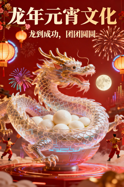 以“龙年元宵文化”为主题的海报，将龙年图腾与元宵元素（汤圆、月亮）融合，呈现舞龙翻腾、花灯摇曳、烟花绽放的热闹场景，搭配文案“龙到成功，团团圆圆”，传统年俗与AI科技结合，色调喜庆红火预览效果