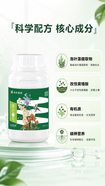 [第3屏] 核心成分与技术解析屏，原艺X号花居墨翠有机水溶肥成分配方展示。
[氛围/风格] 专业科技感+自然风结合，清晰通透，专业可信，突出配方优势。
[元素布局] 产品瓶身放在画面左侧，占比约50%预览效果