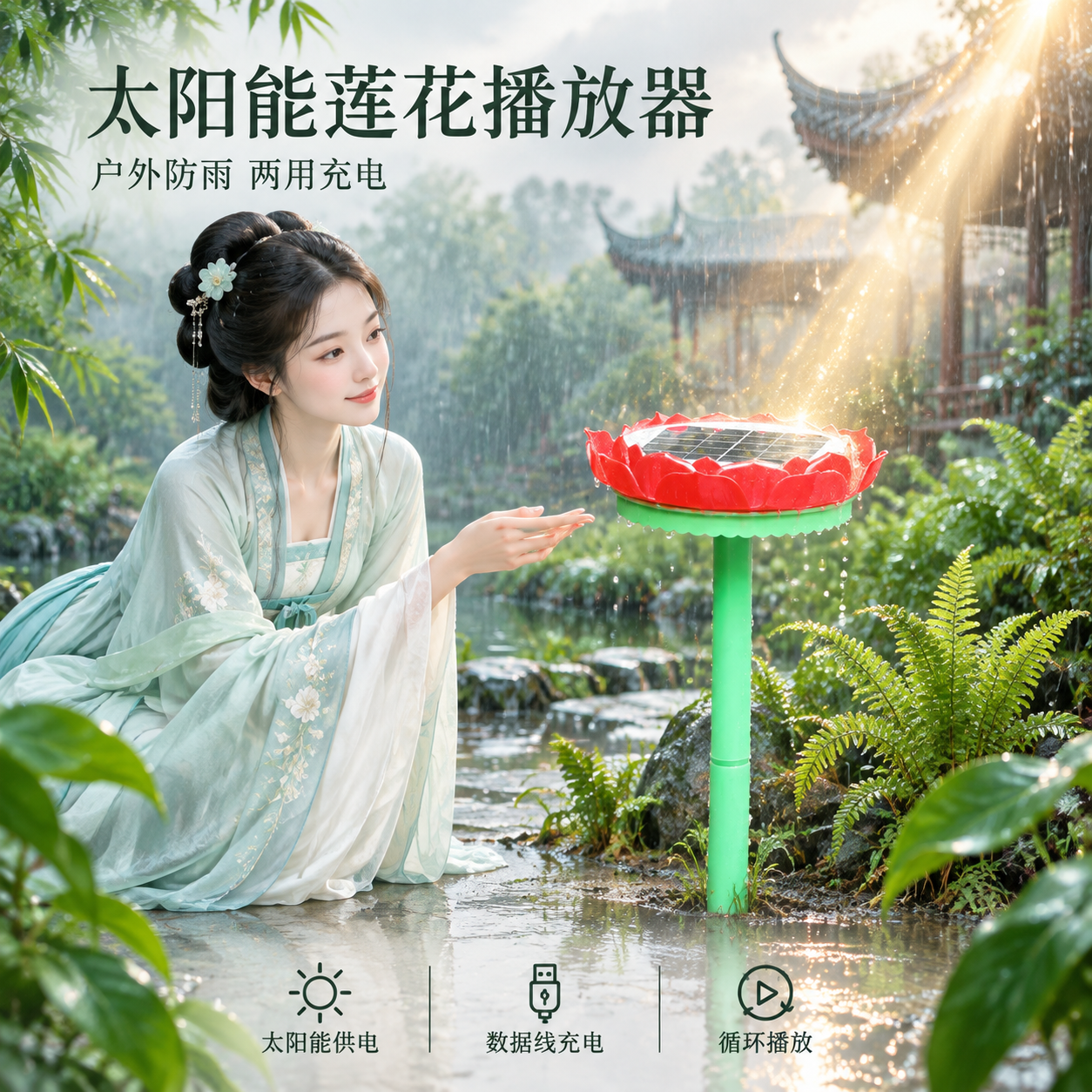 [单张主图] 太阳能莲花播放器户外防雨古风场景主图，高级氛围感… - 图片创意预览