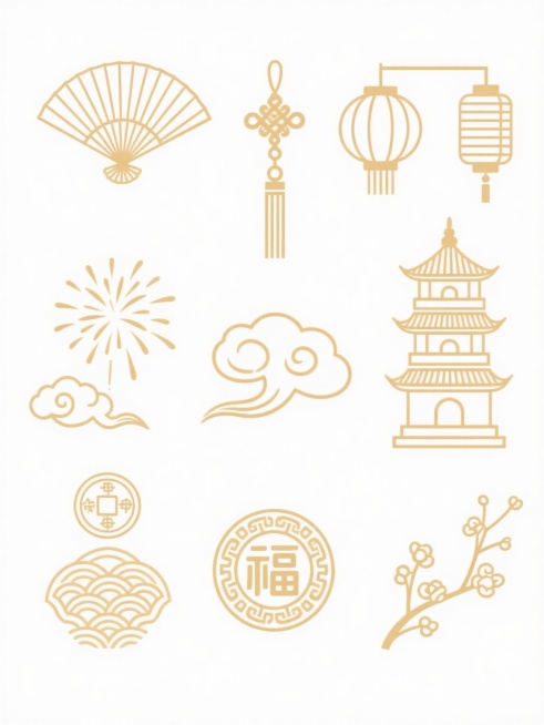 一组中国传统金色线条风格的装饰图案，包含扇形、灯笼、中国结、祥云、烟花、宝塔、古钱币、福字纹和梅花等元素，线条纤细流畅，呈浅金色，图案排列整齐，背景为纯白色，整体呈现简洁典雅的传统中国风设计感预览效果