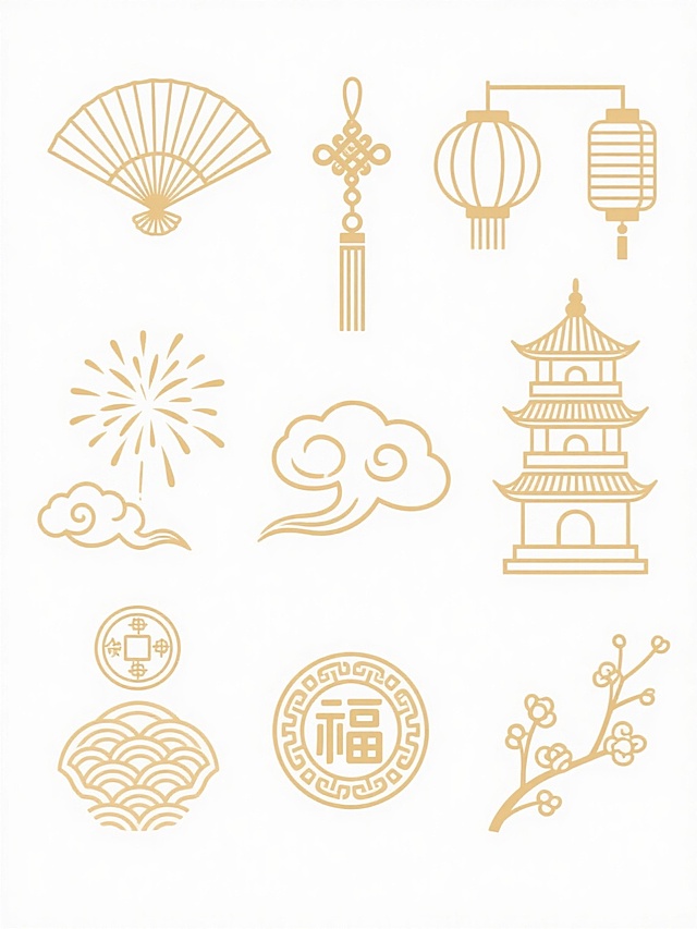 中式古典风格，鎏金描边线条勾勒传统元素，剪纸风单色设计，融合灯笼、扇子、祥云与福字，喜庆复古，尽显节日韵味。