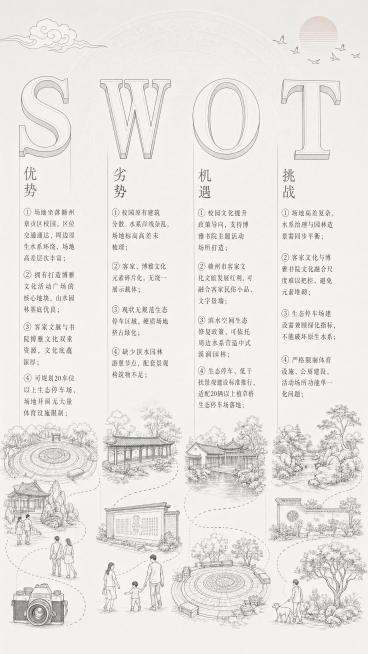 竖向景观规划展板单张SWOT分析图，严格参考模板版式，画面浅灰莫兰迪低饱和渐变底色，背景衬淡玉璧同心圆底纹，简约斜线肌理；画面横向均匀排布4个巨大立体衬线字母竖柱S、W、O、T，从左至右分为优势、劣势预览效果