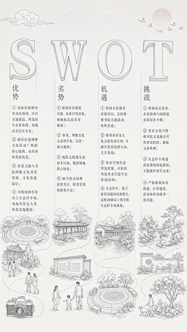 竖向景观规划展板单张SWOT分析图，严格参考模板版式，画面浅灰莫兰迪低饱和渐变底色，背景衬淡玉璧同心圆底纹，简约斜线肌理；画面横向均匀排布4个巨大立体衬线字母竖柱S、W、O、T，从左至右分为优势、劣势、机遇、挑战四大板块；整体装饰元素：画面左上角简笔线描云朵，右上角飞鸟剪影、圆形淡红落日色块，全图仅黑白单线手绘元素，无任何上色；S优势板块：立柱左侧竖向分段文字：①场地坐落赣州章贡区校园，区位交通通达，周边原生水系环绕，场地高差层次丰富；②拥有打造博雅文化活动广场的核心地块，山水园林基底优良；③客家文脉与书院博雅文化双重资源，文化底蕴深厚；④可规划20车位以上生态停车场，场地开阔无大量体育设施限制；板块底部搭配黑白线稿插画：环形博雅文化活动广场、中式书院景石、游赏人群、复古相机速写；W劣势板块：立柱左侧竖向分段文字：①校园原有建筑分散，水系岸线杂乱，场地标高高差未梳理；②客家、博雅文化元素碎片化，无统一展示载体；③现状无规范生态停车区域，硬质场地挤占绿化；④缺少滨水园林游憩节点，配套景观构筑物不足；板块底部搭配黑白线稿插画：客家风雨廊、文化景墙、家长孩童散步速写；O机遇板块：立柱左侧竖向分段文字：①校园文化提升政策导向，支持博雅书院主题活动场所打造；②赣州市客家文化文旅发展红利，可融合客家民俗小品、文字景墙；③滨水空间生态修复政策，可依托周边水系营造中式溪涧园林；④生态停车、低干扰景观建设标准推行，适配20辆以上植草格生态停车场落地；板块底部搭配黑白线稿插画：滨水书院庭院、环形文化铺装广场速写；T挑战板块：立柱左侧竖向分段文字：①场地高差复杂，水系治理与园林造景需同步平衡；②客家文化与博雅书院文化融合尺度难以把控，避免元素堆砌；③生态停车场建设需兼顾绿化指标，不能破坏原生水系；④严格限制体育设施、公厕建设，活动场所功能单一化问题；板块底部搭配黑白线稿插画：滨水溪流假山、客家景墙、乔木大树、行人与宠物速写；所有插画均为干净细腻黑白线性速写，虚线串联各场景小插图；文字为纤细宋体，分点清晰排布在立柱左侧，无粗边框；园林元素包含中式溪涧、置石、风雨廊、文化景墙、环形同心文化铺装、书院亭廊、植草格生态停车场；整体风格现代简约景观竞赛分析图，新中式客家博雅书院园林基底，玉璧同心圆设计意象，虚实线条结合，8K高清，排版工整留白舒适，无水印、无多余文字logo，矢量扁平插画风，柔和哑光低饱和配色，仅黑白手绘插图，不出现体育场地、公厕构筑物元素