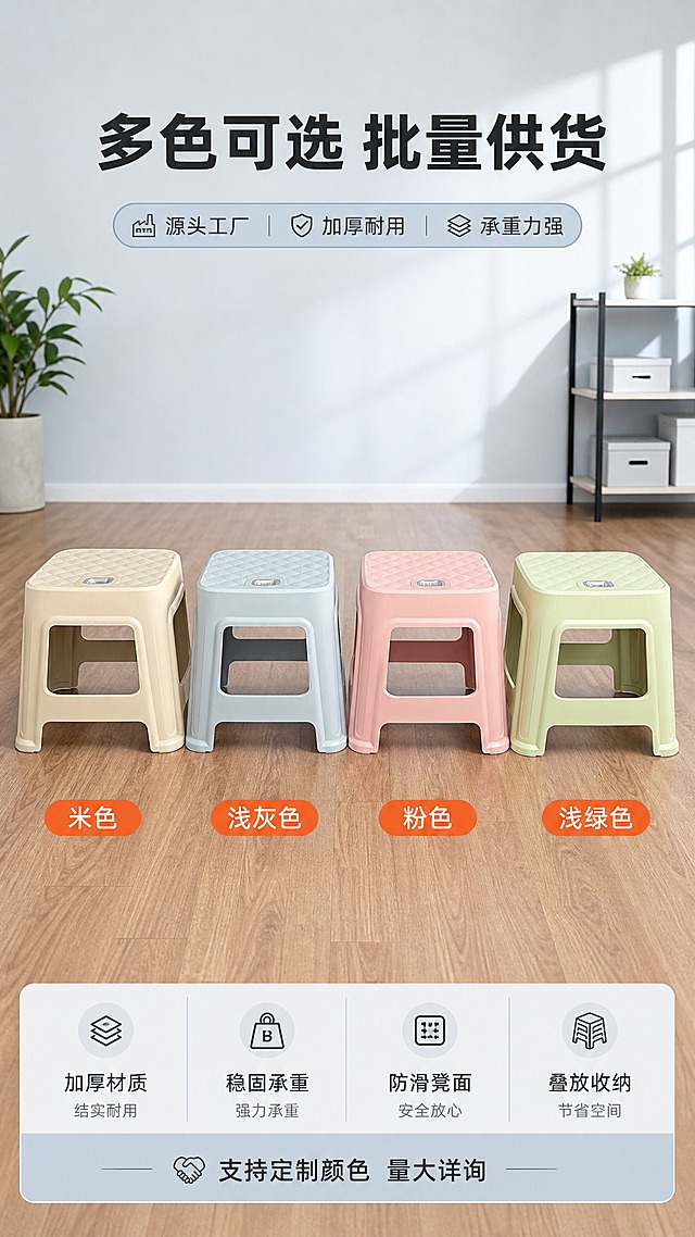 [商品] 使用【图5】+【图6】四色矮凳全家福；从左到右依次为米色、浅灰色、粉色、浅绿色；保留每款凳子的方形凳面、菱形格纹、金属提手孔、加厚结构，各颜色准确还原；不改变产品本身属性。
[画面] 目标：多色SKU展示，体现多色可选、批量供货能力。构图：四凳一字排开，等距排列，上方或下方标注颜色名称；景别：全景；场景：简约明亮的展厅木地板背景，柔和自然光；阅读动线：从左到右依次浏览各颜色。
[视觉] 套系策略：风格=1688批发风·简约工业感商业摄影；标题字=粗黑体；正文字=常规黑体；主色=浅灰蓝；背景延展=浅灰蓝调的明亮展厅背景，木地板纹理自然；强调色=橙红色，仅用于颜色名称标签、热销标识；标题色=深炭灰；正文色=中灰；组件=颜色名称胶囊标签、SKU编号卡；光影=均匀柔光，四色还原准确。
[文字] 顶部大标题"多色可选 批量供货"，每个凳子下方对应标注颜色名称："米色"、"浅灰色"、"粉色"、"浅绿色"，底部小字"支持定制颜色 量大详询"；文字全部横向排版，标签不遮挡产品主体。
[规格] 图片比例9:16竖版，分辨率4K，负向提示：避免变形、错字、文字过小、食品级字样、颜色失真、产品比例失调。