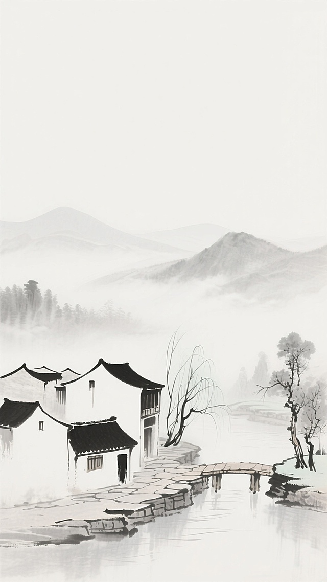 水墨晕染的江南水乡，白描线条勾勒古韵建筑，雾霭缭绕间透出静谧禅意，国潮风融合传统意境，营造诗意朦胧之境。