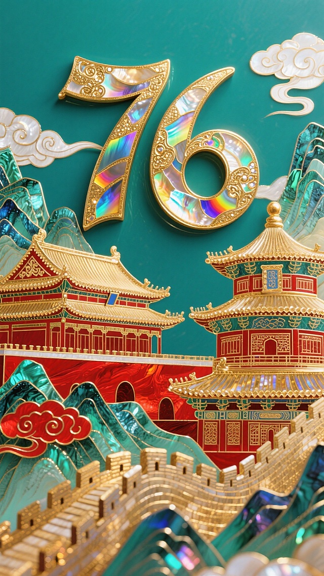 国潮风3D重拟物设计，鎏金浮雕宫殿与长城辉映，彩虹光效数字“76”彰显奢华喜庆，中式复古元素交织，尽显节日华美。