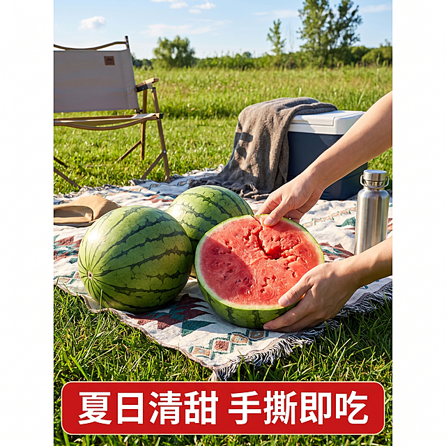 [主图-8] 露营野餐吃西瓜场景图，展示食用场景；氛围风格：休闲享受，夏日清凉感；画质：真实生活感摄影，清晰自然；元素：野餐垫上放着整个西瓜和切开半块，旁边放着露营装备，有人用手掰开西瓜，展示手撕的便捷，保持西瓜外观和原图一致，主体占比约65%，背景是户外草坪；光影：夏日自然光，明亮清爽；文字版式：底部红色横幅大字“夏日清甜 手撕即吃”白色字体；比例分辨率：1:1比例，2k分辨率；负向提示词：变形，水印，文字错乱，背景杂乱。