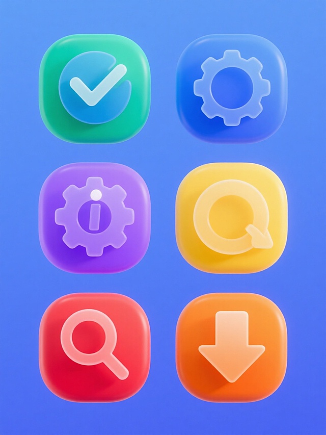 一套6个不同纯色背景的3D图标集合，每个图标均采用光滑圆润的3D立体风格，具有渐变色彩和柔和高光效果，元素类目保持一致的抽象符号特征，分别为环形箭头、对勾符号、信息图标、设置齿轮、搜索放大镜和下载箭头，整体呈规整的2x3网格排布，每个图标独立在各自的纯色背景上，色彩方案整体变换为蓝色系、绿色系、紫色系、黄色系、红色系和橙色系，保持统一的设计语言和视觉质感。