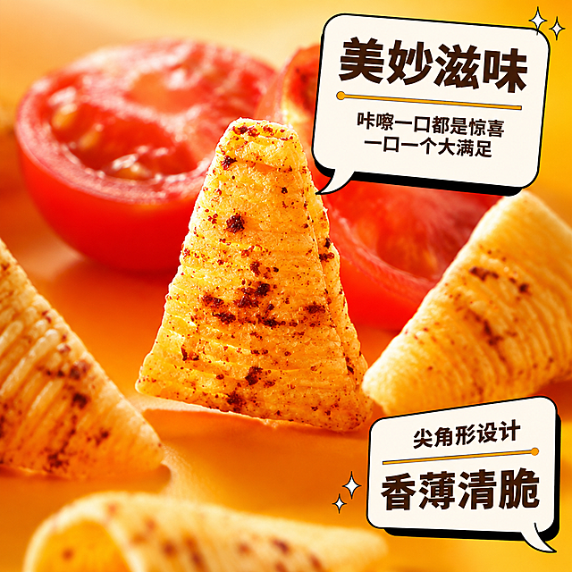 [主图-2] 尖角脆零食微距细节特写 酥脆质感展示。
[氛围风格] 极致食欲感 微距摄影风格 金黄酥脆诱人质感。
[画质] 超高清微距摄影质感 零食表面纹理清晰 调味料颗粒分明 酥脆感强烈。
[元素] 画面主体是几块真实的尖角脆零食实物 呈三角锥形 表面有清晰的层叠酥脆纹理 均匀撒有红棕色调味料颗粒 其中一块位于画面中心 最为清晰突出 周围几块略微虚化形成景深效果。背景中有切开的红色番茄薄片 番茄果肉饱满多汁 作为口味呼应元素。底部是温暖的橙黄色平面 带有轻微反光。背景虚化处理 突出零食主体。保持零食的尖角造型与产品包装上的形状一致。
[光影] 暖黄色侧逆光 从右上方打亮零食边缘 形成通透的金黄光晕 表面调味料颗粒有清晰高光 底部有柔和投影 整体温暖诱人。
[配色] 主色金黄橙 辅助色番茄红 背景暖黄渐变。
[视角构图] 微距平视略俯视 中心构图 浅景深 主体锐利 背景虚化。
[文字版式] 右上角白色对话气泡框 粗黑边 内部文字。上方大字"美妙滋味" 粗黑体深棕色。下方两行小字"咔嚓一口都是惊喜 一口一个大满足" 小号棕色。右下角另一个对话气泡"尖角形设计 香薄清脆"。文字均为横排 清晰可读。
[输出要求] 1:1比例 文字清晰 超高清微距质感。
[负向提示词] 变形 文字错乱 模糊 水印 电商平台Logo 背景杂乱。