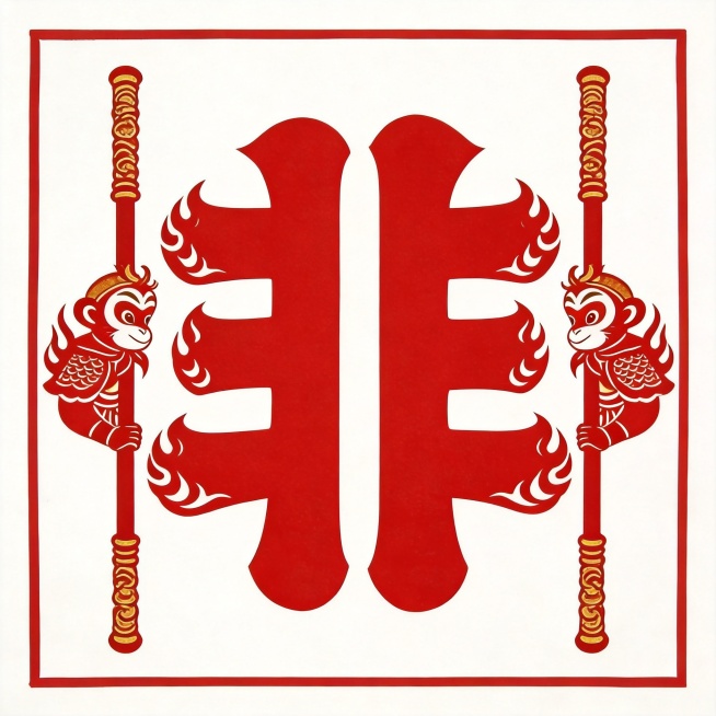 在原图基础上修改，把"非"字左右两侧的三横改成两根孙悟空的金箍棒造型，笔画边缘添加皮影风格的火焰纹装饰，融入西游记火焰山情节，保持中国红色皮影剪纸风格，整体结构仍然简单易剪，适合一年级小朋友操作，文字预览效果