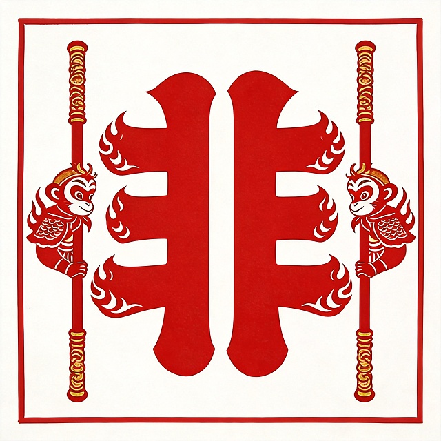 在原图基础上修改，把"非"字左右两侧的三横改成两根孙悟空的金箍棒造型，笔画边缘添加皮影风格的火焰纹装饰，融入西游记火焰山情节，保持中国红色皮影剪纸风格，整体结构仍然简单易剪，适合一年级小朋友操作，文字整体完整不裁切，四周留空，保留红色剪纸样式，纯白色背景
