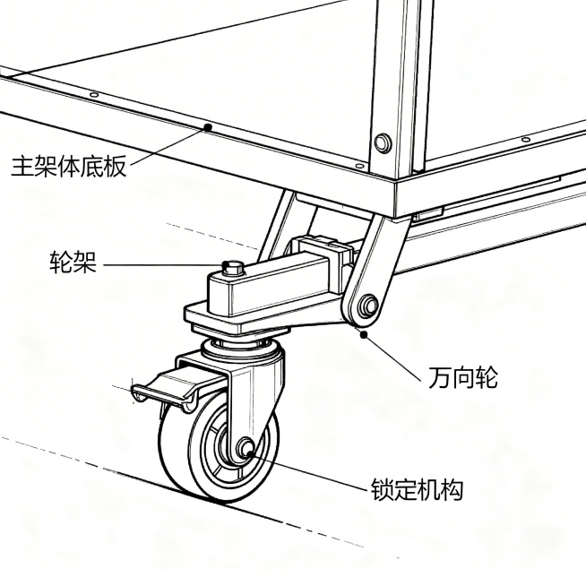 移动轮结构使用状态示意图，展示主架体底板下方的轮架、万向轮和锁定机构，轮架向下翻转，万向轮接触地面，工业设计风格，线条清晰，标注各部件预览效果