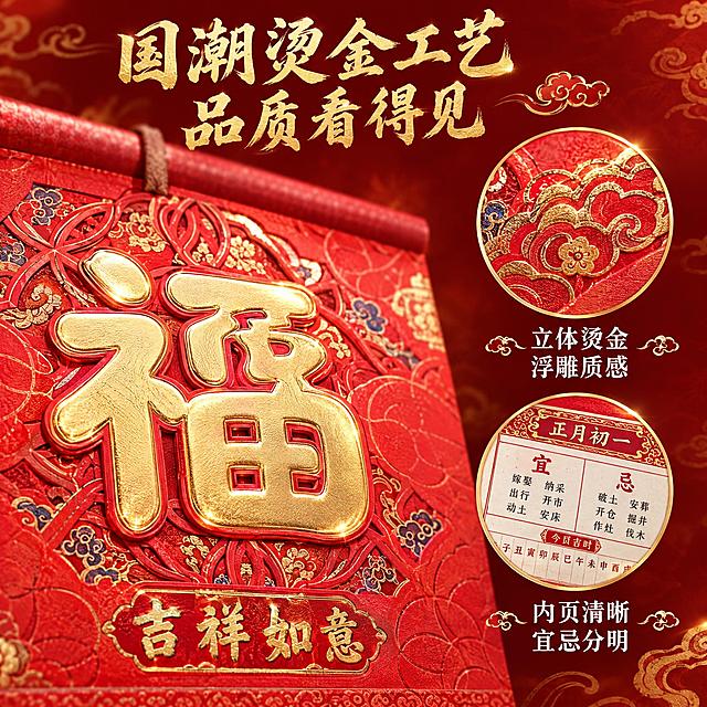 [主图-3] 材质细节与工艺品质展示，突出烫金工艺和精美做工。
[统一基调] 国潮喜庆风格，红金主色调，背景为深红色渐变搭配金色祥云纹理，标题字体为大气书法体金色字，辅助文字为白色宋体，整体氛围高端大气有年味。
[画面] 画面主体为image3中的吉祥如意款撕历的局部放大特写，聚焦在撕历上方的福字烫金区域，占画面约60%，清晰展示烫金浮雕工艺的立体感和金属光泽，能看到金色福字的细腻纹理和红色纸面的质感。右侧叠放两个圆形放大框：上方放大框展示撕历边缘的烫金祥云花纹细节，下方放大框展示撕历内页的黄历宜忌内容排版细节。每个放大框旁配简短文字说明。
[光影质感] 微距摄影质感，侧光突出烫金浮雕的立体感，金色部分有明显金属反光，红色纸面纹理清晰可见，细节丰富，质感高级。
[配色] 主色中国红+金色，辅助色米白，背景深红渐变，放大框金色描边。
[文字版式] 顶部主标题"国潮烫金工艺 品质看得见"金色书法大字。右侧两个放大框旁分别标注"立体烫金 浮雕质感"和"内页清晰 宜忌分明"白色文字。文字不遮挡主要细节区域。
[输出要求] 1:1正方形比例，2K分辨率，细节清晰，纹理分明，文字清晰可读，无变形，无错字，无水印，无平台logo。