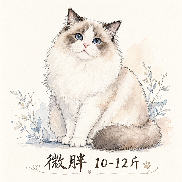 钢笔淡彩 针管笔淡彩风格绘画，布偶猫，猫咪微胖体态，下方配字"微胖 10-12斤"