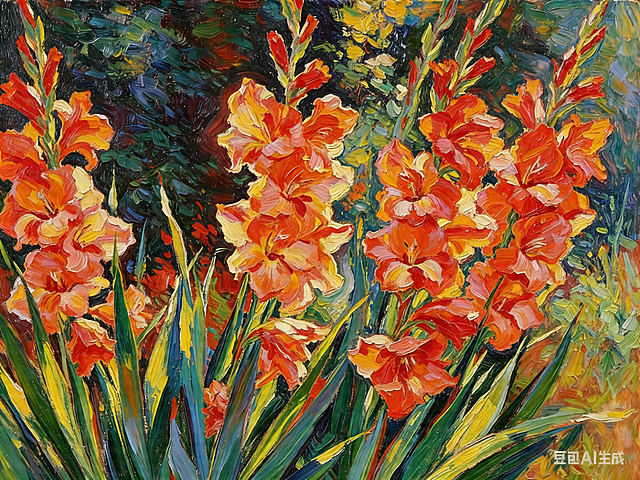 参考梵高的印象派绘画风格，优化这幅唐菖蒲花卉油画，让画面更加富有生命力和艺术性，保留原有构图和花卉形态，使用更加绚丽饱满的色彩，强化笔触质感，提升画面艺术表现力