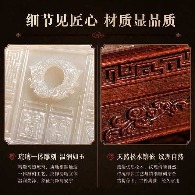[主图-3] 材质细节品质，琉璃通透质感+松木纹理微距细节，种草展示工艺品质。
[统一基调] 新中式东方美学风格，庄重典雅纪念感；背景主色=暖米白+深木棕；标题字色=深炭灰近黑；辅助字色=中暖灰；强调色=朱砂红；字体=宋体衬线粗体（标题）+简洁宋体（正文）；组件=细线分割、传统纹样装饰边、圆角浅底信息卡；整体氛围宁静庄重，东方玉石美学+温润木艺。
[画面] 左右分栏布局。左侧为琉璃材质局部放大特写，展示正面花窗雕刻细节和琉璃通透玉质感，占画面约45%；右侧为松木边框纹理特写，展示木纹肌理和回纹雕刻工艺，占画面约45%。中间用细线分割。顶部留白放标题。背景为深棕色渐变，突出材质质感。下方配简短材质说明文字。
[光影质感] 微距摄影质感，侧光突出雕刻纹理的立体感，琉璃表面有温润光泽反射，松木纹理清晰自然，细节丰富有层次。
[配色] 主色暖米白+深木棕，强调色朱砂红用于分割线和小图标；深色背景突出材质的细腻质感。
[文字版式] 顶部主标题"细节见匠心 材质显品质"，左侧下方标注"琉璃一体雕刻 温润如玉"，右侧下方标注"天然松木镶嵌 纹理自然"。文字全部横排，宋体，与对应材质区域对齐。
[输出要求] 1:1方图，2K分辨率，材质细节清晰，文字可读；避免变形、错字、模糊、杂乱、水印、平台Logo、冷蓝背景。