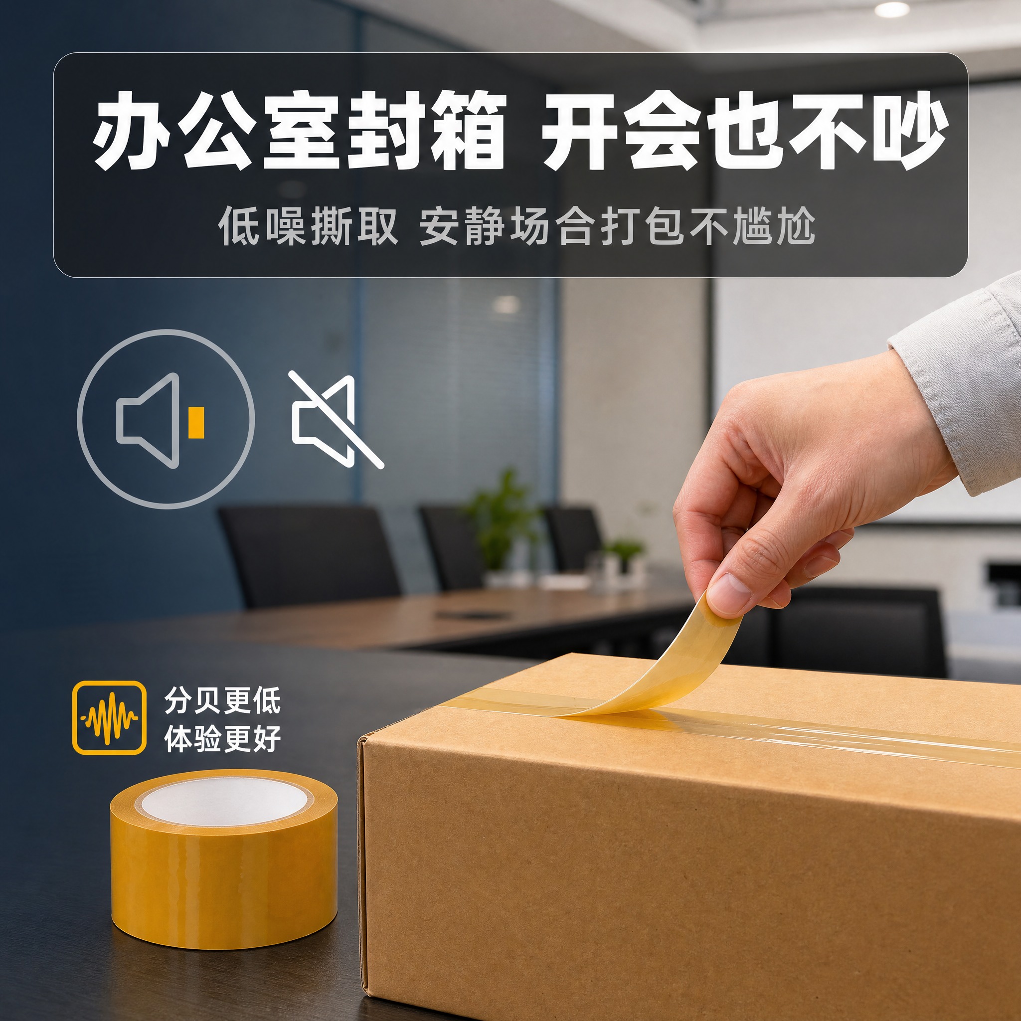 [主图-2] 静音无声封箱胶带 办公室场景卖点证明，展示低噪撕… - 图片创意预览