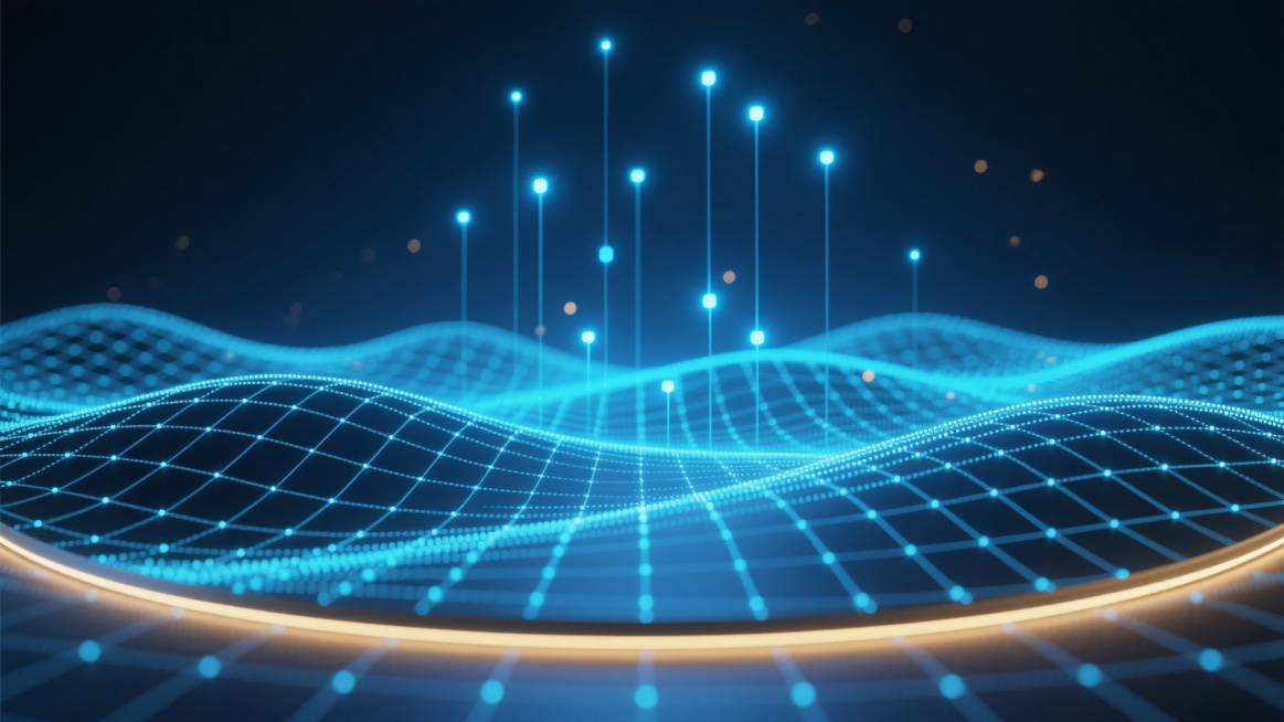 未来感科技风格背景，深邃的深蓝色调为主，底部是由无数发光蓝色小点和线条构成的波浪形网格平面，网格线条向上延伸出垂直的细长光束，光束顶端点缀着明亮的蓝色光点，部分光点带有柔和的光晕效果，底部网格边缘有淡淡的金色光边过渡，整体画面充满科技感、未来感和空间感，光影层次丰富，光线柔和且具有流动感，营造出神秘而先进的氛围，适合作为科技主题的背景使用。预览效果