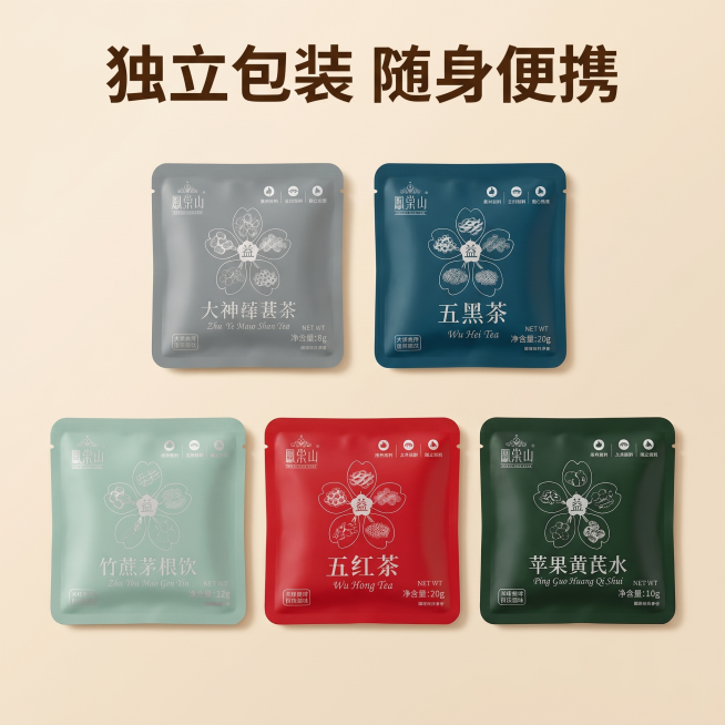 [主图 3] 五味组合独立包装细节展示，五种口味茶包整齐排列。[氛围风格] 干净清晰，品质感；[画质] 商业摄影质感，光线柔和通透，产品清晰真实，画面干净高级；[元素] 五款茶包并排竖直摆放，全部展示预览效果