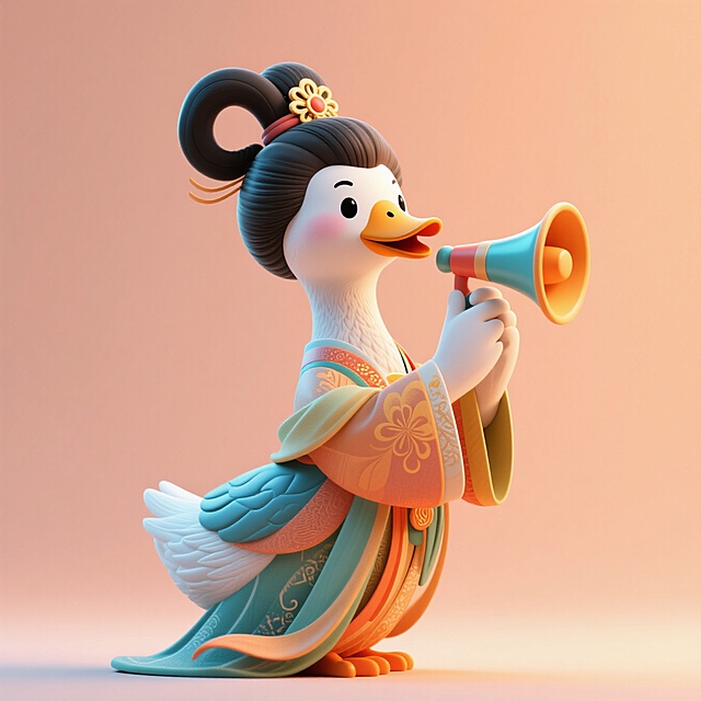 （嫦娥服饰和发型）的拟人化鹅抱着一个喇叭，淡橘色渐变背景。全身，元素完整。