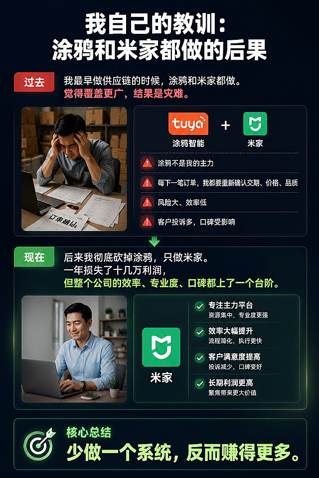 [第7屏] 亲身教训分享，我自己的教训：涂鸦和米家都做的后果。
[氛围/风格] 案例分享风格，故事化叙述，真实感，专业设计。
[元素布局] 顶部标题，中部过去错误做法和后果，下方砍掉涂鸦后的结果，前后对比，底部核心总结。
[光影质感] 结果区域高亮，突出正向结论，整体通透自然。
[配色色系] 全局底色 #0F172A，文字白色，总结结论浅绿色高亮。
[视角构图] 竖版从上到下，过去-现在-总结结构，故事感强。
[文字版式] 顶部标题 "我自己的教训：涂鸦和米家都做的后果"，加粗白色大字。过去："我最早做供应链的时候，涂鸦和米家都做。觉得覆盖更广，结果是灾难。涂鸦不是我的主力，每下一笔订单，我都要重新确认交期、价格、品质。风险大、效率低、客户投诉多。" 现在："后来我彻底砍掉涂鸦，只做米家。一年损失了十几万利润，但整个公司的效率、专业度、口碑都上了一个台阶。" 总结："少做一个系统，反而赚得更多。" 总结加粗浅绿色高亮，文字分段清晰，行间距宽松。
[比例分辨率] 宽高比2:3，1080x1620，分辨率2K，文字清晰可辨，高清画质。
[负向提示词] 文字错乱，文字过小，变形，水印，颜色偏差，背景杂乱，结构错误。