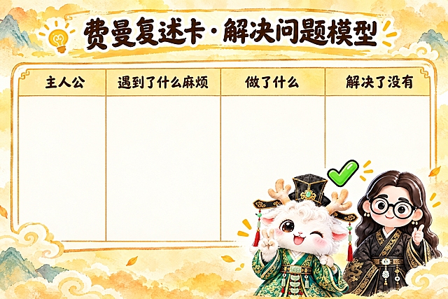 横版6寸比例的知识卡片设计，标题为"费曼复述卡·解决问题模型"，画面中央是一个两行四列的空白表格，表头为"主人公"、"遇到了什么麻烦"、"做了什么"、"解决了没有"，表格下方留出空白填写区域，右下角放置两个Q版国风IP形象：一个是比出V字剪刀手、眨眼开心的白色毛绒瑞兽（穿绿色汉服戴官帽），旁边有绿色对勾符号，另一个是戴黑框眼镜、穿黑色金龙纹汉服的卡通女孩，整体风格温暖治愈，暖黄色水彩风背景，与费曼复述卡系列风格统一，表格清晰易读，适合打印填写