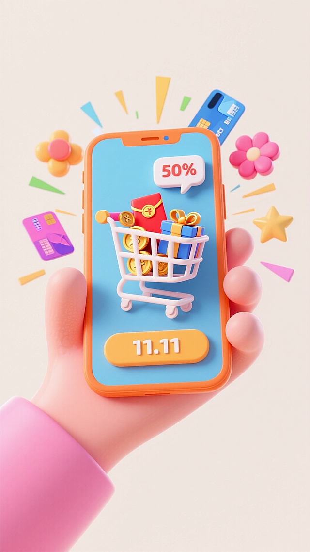 画面中心是一台橙色边框的智能手机，一只粉嫩的手托举着手机，屏幕里物体很满，屏幕显示一个镂空的购物车里面有很多红包和金币和彩色礼物盒，冒出一个对话框，里面写着“50%”。较大的“11.11”按钮位于手机屏幕底部。四周环绕着多彩几何装饰呈向心状：几张银行卡与几个花朵，几个星星元素，像从手机里迸发出来的“爆炸式”动感效果。以柔和的米白色为背景。