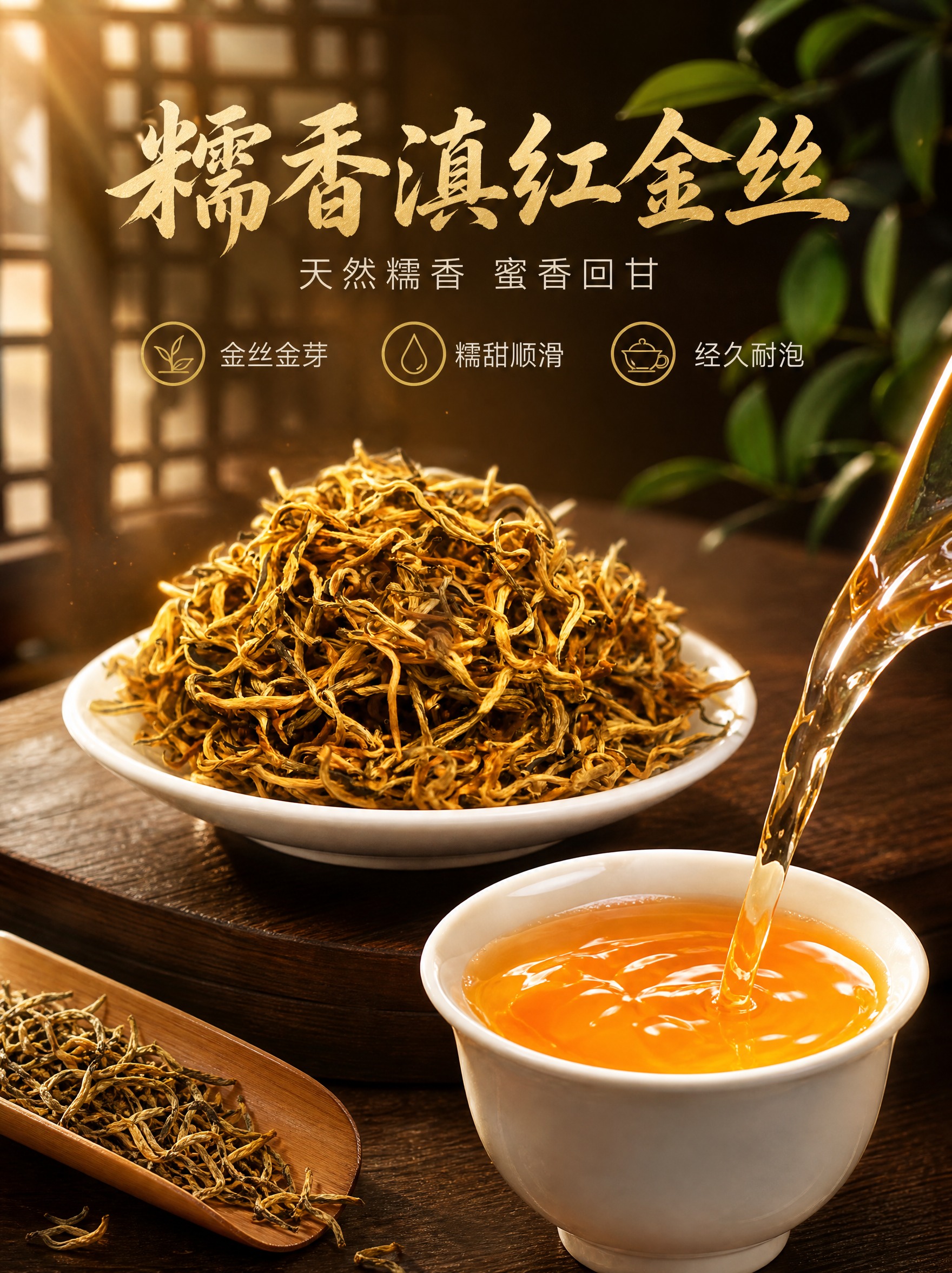[商品] 使用【图1】糯香滇红金丝干茶和【图5】茶汤图；保留干… - 图片创意预览