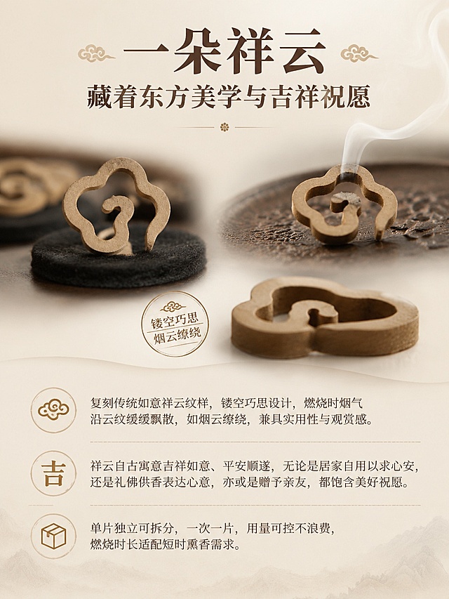 [第6屏] 文化价值-一朵祥云 藏着东方美学与吉祥祝愿。本屏使用【图5】展示祥云香细节。
[氛围/风格] 东方美学意境，雅致古朴，突出文化寓意。
[元素布局] 上半部分展示祥云香片多角度特写，搭配燃烧烟雾的细节，下半部分放置文化寓意解读文字。祥云造型展示清晰，突出镂空巧思设计，保持产品外观与输入一致。
[光影质感] 柔和漫射光，突出祥云轮廓和纹理，烟雾自然灵动，整体氛围感强。
[配色色系] 全局底色 #F5F0E8；主色原木棕色，辅助色浅米色背景，深棕色文字。
[视角构图] 上图下文，从上到下阅读，产品特写占上半屏约60%。
[文字版式] 顶部大标题「一朵祥云 藏着东方美学与吉祥祝愿」加粗；正文：「复刻传统如意祥云纹样，镂空巧思设计，燃烧时烟气沿云纹缓缓飘散，如烟云缭绕，兼具实用性与观赏感。祥云自古寓意吉祥如意、平安顺遂，无论是居家自用以求心安，还是礼佛供香表达心意，亦或是赠予亲友，都饱含美好祝愿。单片独立可拆分，一次一片，用量可控不浪费，燃烧时长适配短时熏香需求。」正文分段排列，行间距舒适，手机端清晰可读。
[比例分辨率] 3:4 竖版比例，4K分辨率，文字清晰可辨，高清画质。
[负向提示词] 祥云造型变形，烟雾模糊，文字遮挡产品，文字错乱。