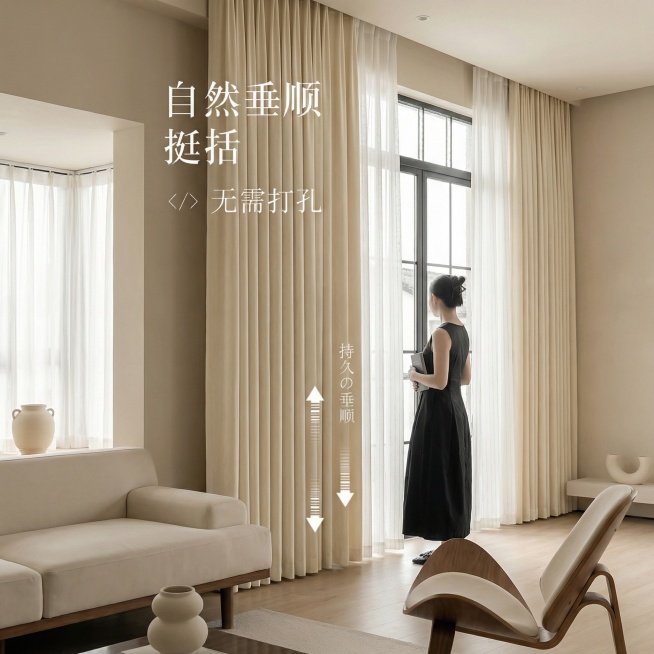 不改变窗帘的面料材质，切换不同的家装场景（最好是现代风奶油风），改变角度，保留文字，一次生成4张；预览效果