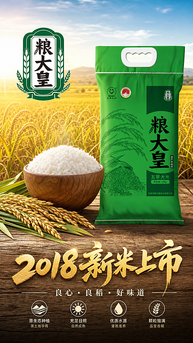 原生态大米促销海报，质朴自然风格，主色调暖黄色 + 金色 + 白色，背景为金黄色稻田与蓝天渐变。下方金色书法字体主标题 "2018 新米上市"，副标题 "良心·良稻·好味道"，左侧保留粮大皇logo；视觉中心：粮大皇五常大米产品包装图，左侧木碗盛放晶莹饱满的白米饭 + 旁侧带绿叶的金黄色稻穗，置于木质纹理台面；整体层次清晰，质感质朴自然，高清商业电商主图质感，细节精致、光影柔和，突出原生态新鲜的视觉效果。