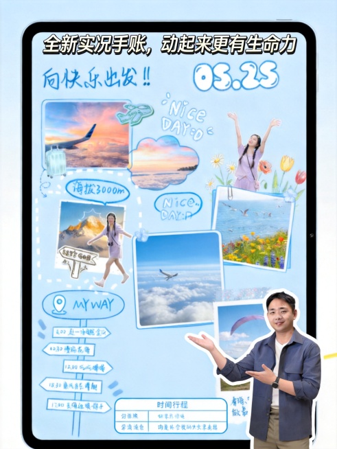 修改原拼贴风小红书封面：将人物移动到平板的右下角位置，人物改为展示动作，调整平板内手账内容的位置适配布局，将标题"全新实况手账，动起来更有生命力"移到平板外，做成更有设计感的标题形式，整体保持拼贴风格预览效果