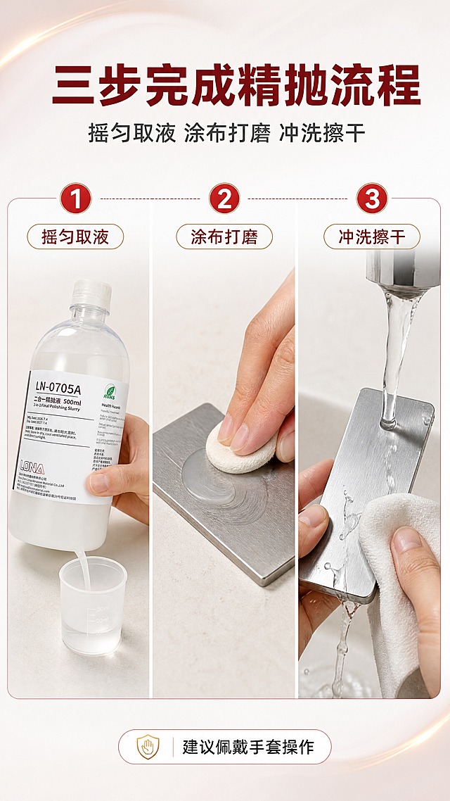 [商品] 使用【图1】LONA LN-0705A 二合一精抛液 500ml 实物瓶：完整保留白色半透明直筒瓶型、白色竖纹螺旋瓶盖、白色标签版式与标签主文字（型号“LN-0705A”、品名“二合一精抛液 500ml”、绿色 RoHS 叶子标识、左下“LONA”品牌标识），只做清晰化与光影融合，严禁改写、翻译、增删瓶身文字与 Logo；液体为半透明微白色。
[画面] 使用步骤演示页 STEP1-3。横向等宽三步并排，每步上方一枚红色圆形编号标与步骤短句，下方为真实质感的操作画面：STEP1 一只手握产品瓶轻摇后，将液体倒入透明小量杯中；STEP2 将少量液体点到金属试片表面，用手持抛光垫或软布做圆周打磨，手部与试片局部特写；STEP3 用清水冲洗试片并用干布擦干，呈现洁净表面；产品瓶作为锚点出现在第一步左侧且尺寸略大；景别以手部中近景与试片微距为主，三层信息：步骤动作图 + 编号 + 操作要点短句；背景纯白到浅暖灰渐变，配极淡红色光带与细腻台面质感，工具有柔和落影。
[视觉] 套系策略：风格=国内电商功效型详情页（白底+中国红+香槟金），真实使用场景摄影与商业质感混合；标题字=思源黑体 Heavy 粗黑无衬线；正文字=思源黑体 Regular；主色=纯白；背景延展=纯白到浅暖灰(#F5F3F0)的深浅层级、柔光渐变与细腻纸面质感；强调色=中国红#D5232E 与香槟金#C9A063，仅用于小面积编号圆标、步骤连线、胶囊标签与局部光效；标题色=深酒红#8E1B22；正文色=深灰#3A3A3A；组件=圆角白底信息卡+红色细描边、步骤编号圆标、细线引线、胶囊标签；光影=左前侧柔光，手部肤色自然、国内亚洲人肤色与手型；暖色体系不使用冷蓝/蓝灰/冷灰作为背景或卡片主色。
[文字] 主标题“三步完成精抛流程”（深酒红粗黑体，横向单行）；副标题“摇匀取液 涂布打磨 冲洗擦干”（深灰体，横向单行）；三步要点标签依次“摇匀取液”“涂布打磨”“冲洗擦干”，另在底部一行提示“建议佩戴手套操作”。所有文字仅横向排版，禁止竖排、旋转、单字竖列、斜排；不使用绝对化用语。
[规格] 图片比例 9:16 竖版，2160×3840，4K；避免手部畸变多指、变形、错字乱码、文字过小、二维码、条形码、水印、平台 Logo 或角标、冷蓝蓝灰背景、瓶身标签文字被改写。