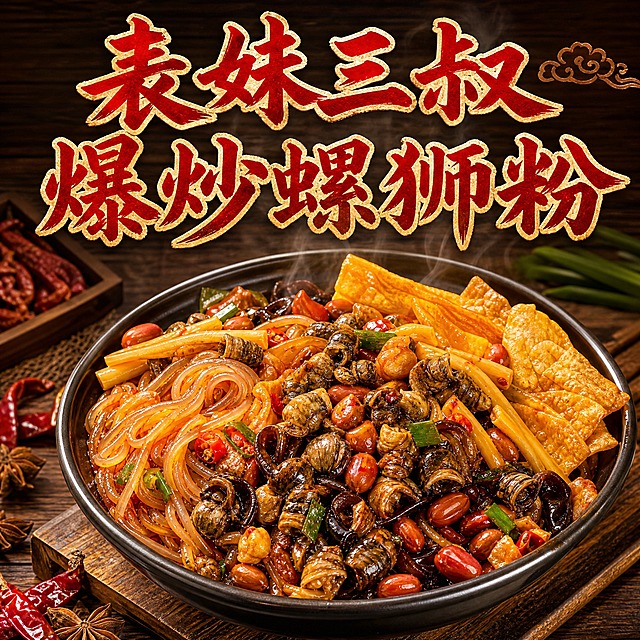 写实商业摄影风格，美食头像设计，800x800正方形构图。画面中心是一碗热气腾腾的爆炒螺蛳粉，粉条Q弹透亮，酸笋、花生、腐竹、木耳等配料丰富饱满，红油色泽鲜亮诱人，螺蛳肉清晰可见，爆炒后的焦香感十足。碗的上方用醒目书法字体写着店名「表妹三叔爆炒螺蛳粉」，字体有力量感，红金配色。背景是深棕色木质纹理，点缀少许辣椒、八角等香料。整体画面有食欲感，热气升腾，光影柔和自然，美食摄影质感，超高清细节。不要圆形边框，方形构图。画面中必须完整呈现文字：「表妹三叔爆炒螺蛳粉」