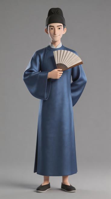 全身照，正视图，灰色背景3D动画风格，纹理细腻，全身站立，严格6:8头身比例，体态匀称，腿部修长，东方人体比例，精准稳定。二十二岁东方男性，尖脸细眉小眼，面色苍白，嘴角歪斜带微笑，身穿锦缎宝蓝色长袍，预览效果