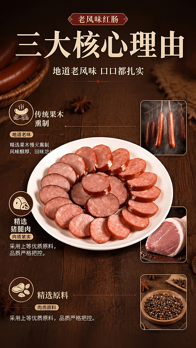 精选猪腿肉改成精选原料,严选猪后腿肉去掉,蒜香入味去掉,把蒜相关的介绍也去掉