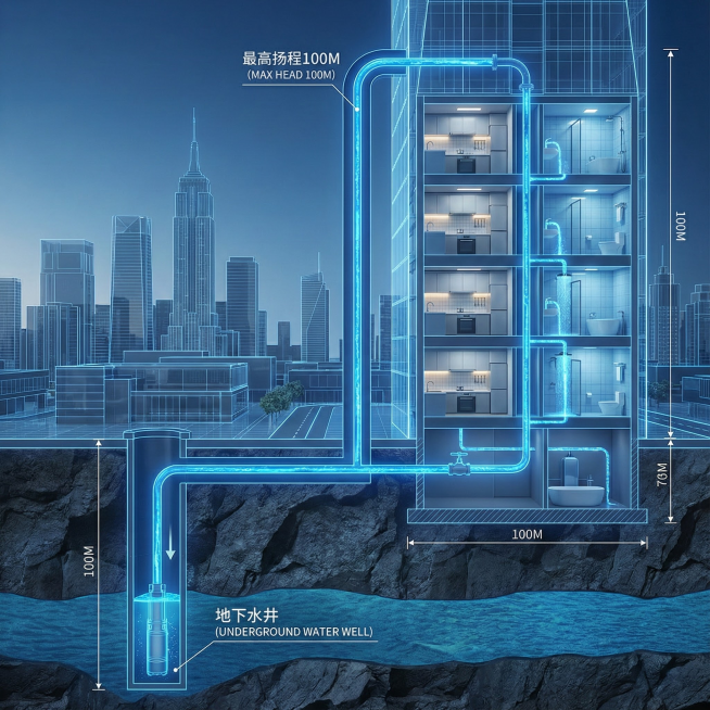 生成地下是水井 地上是高楼  画面整体呈现刨面图 简单表达水利输送关系  立体高楼 最高可以输送100M高楼 生成2张预览效果