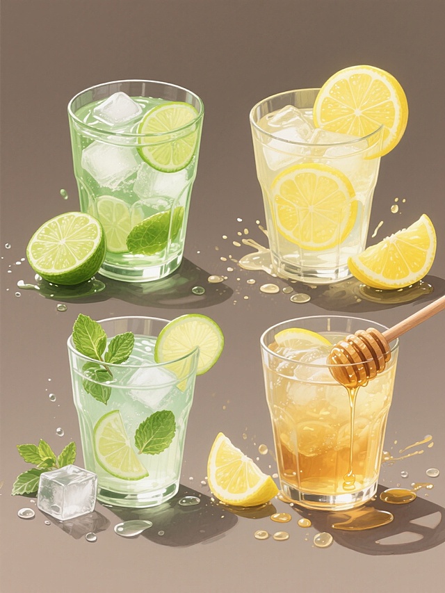 四杯不同造型样式的柠檬水整齐排布在纯色背景上，保持超写实水彩质感，每杯都有透明玻璃杯身，内部装满冰块和不同口味特征的柠檬饮品——第一杯青柠味：绿色饮品配青柠片与完整青柠；第二杯黄柠味：淡黄色饮品配黄柠檬片与半颗黄柠檬；第三杯薄荷柠檬味：淡绿色饮品点缀薄荷叶与青柠角；第四杯蜂蜜柠檬味：浅琥珀色饮品配柠檬片与蜂蜜滴落效果，所有杯子周围散落对应水果切片、冰块和水珠飞溅，光影通透，色彩鲜亮，无文字无logo无水印。