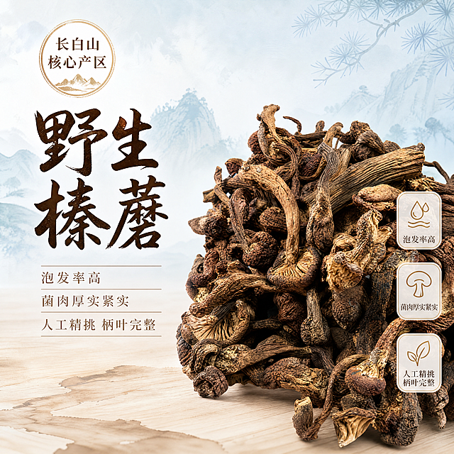 [单张主图] 商品名称野生榛蘑，高级氛围感主图，同时承担点击、理解、信任、转化四个功能。
[画面主体] 野生榛蘑干货堆叠在画面中下部，保持产品外观、颜色、结构与输入产品图一致，杜绝任何变形和色差，精细化处理榛蘑纹理。主体占画面约45%，完整不裁切，清晰展示干榛蘑的自然形态。
[构图版式] 使用左文右物场景型版式：左侧大面积留白放置品牌与文案，右侧放大展示榛蘑产品，底部用带有水墨纹理的浅木色台面承托产品，整体构图稳定透气，符合高级氛围感要求。
[场景元素] 背景为浅蓝色渐变水墨国风，融入淡墨远山、浅水墨松树针叶暗纹，营造长白山山林氛围感，不抢产品主体。左上角金色圆形印章标注"长白山核心产区"，右侧产品旁点缀三个浅金色圆角轻图标分别对应卖点。浅木色台面承托榛蘑，带有淡淡水墨晕染效果，自然简约。
[文案版式] 左上留白区域：大号主标题写"野生榛蘑"，深棕色书法字体，风格典雅。主标题下方三行短卖点依次写"泡发率高"，"菌肉厚实紧实"，"人工精挑 柄叶完整"，浅棕色细宋体，字号约为主标题的三分之一，字间距舒适。金色印章"长白山核心产区"放置在主标题右上方，文字清晰。
[光影质感] 自然光从左侧斜射而来，柔光勾勒榛蘑轮廓，突出干榛蘑的纹理质感，阴影柔和自然，背景浅景深虚化，突出产品主体，整体画面通透干净，带有国风温润质感，商业摄影高清画质，产品清晰真实。
[配色字体] 主色调浅蓝水墨色，辅助色原木浅棕色，强调色金色。主标题用国风书法字体，厚重古朴；卖点文案用细宋体，清晰雅致，字重对比分明，文字与背景对比强烈，清晰可读。
[比例分辨率] 1:1 比例，4K分辨率，文字清晰锐利，画面超高清。
[负向提示词] 变形，水印，文字错乱，产品图模糊，背景杂乱，主体遮挡，错字，伪Logo，低清晰度，错误结构