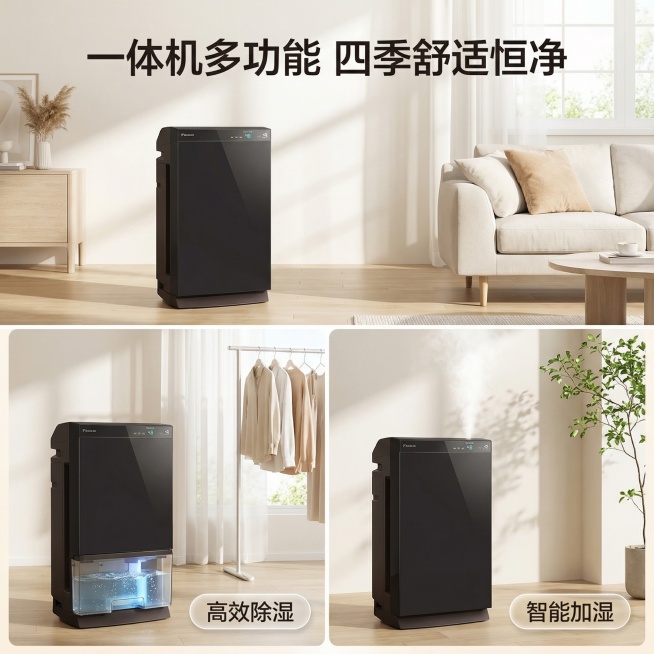 [主图 2 多功能卖点展示] 保持大金黑色空气净化器外观和原图一致，采用上下分屏信息流布局。上半部分展示产品放置在现代简约客厅场景，和主图1保持统一的家居环境和光影风格；下半部分左右两格分别展示不同功预览效果