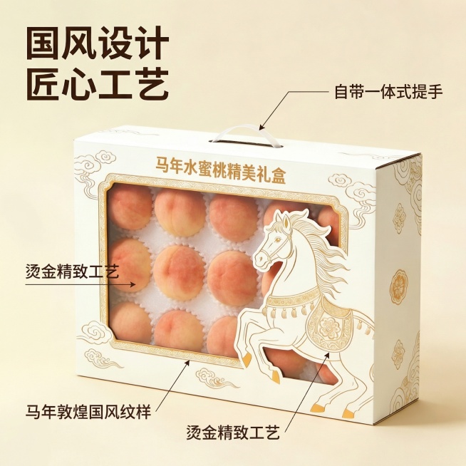 [主图 2] 展示核心设计亮点，马年敦煌国风设计。[氛围/风格] 田园治愈风，自然柔和光线，清新质感。[画面元素] 礼盒居中，重点突出烫金马纹样和敦煌云纹细节，开天窗设计展示出里面新鲜粉嫩的水蜜桃，自预览效果