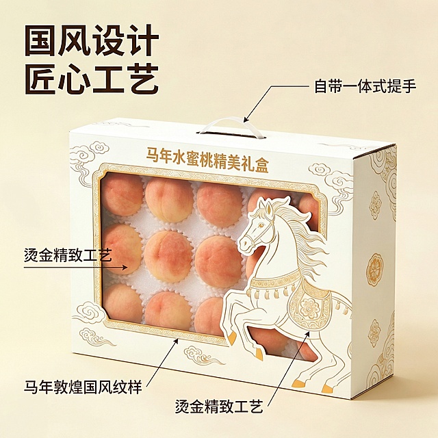 [主图 2] 展示核心设计亮点，马年敦煌国风设计。[氛围/风格] 田园治愈风，自然柔和光线，清新质感。[画面元素] 礼盒居中，重点突出烫金马纹样和敦煌云纹细节，开天窗设计展示出里面新鲜粉嫩的水蜜桃，自然暖光打在产品上，突出烫金工艺的光泽质感。背景为纯净浅米色调，避免干扰。[配色色系] 米白底+烫金+蜜桃粉，保持统一配色。[视角构图] 平视特写视角，聚焦包装工艺细节。[文字版式] 主标题 "国风设计 匠心工艺" 左上加粗；用纤细引线分别标注：「马年敦煌国风纹样」「烫金精致工艺」「开天窗透明设计」「自带一体式提手」，引线纤细不遮挡主体，文字简洁。[比例分辨率] 1:1 比例，2k 分辨率。保持产品外观与参考图一致，仅调整排版和背景。